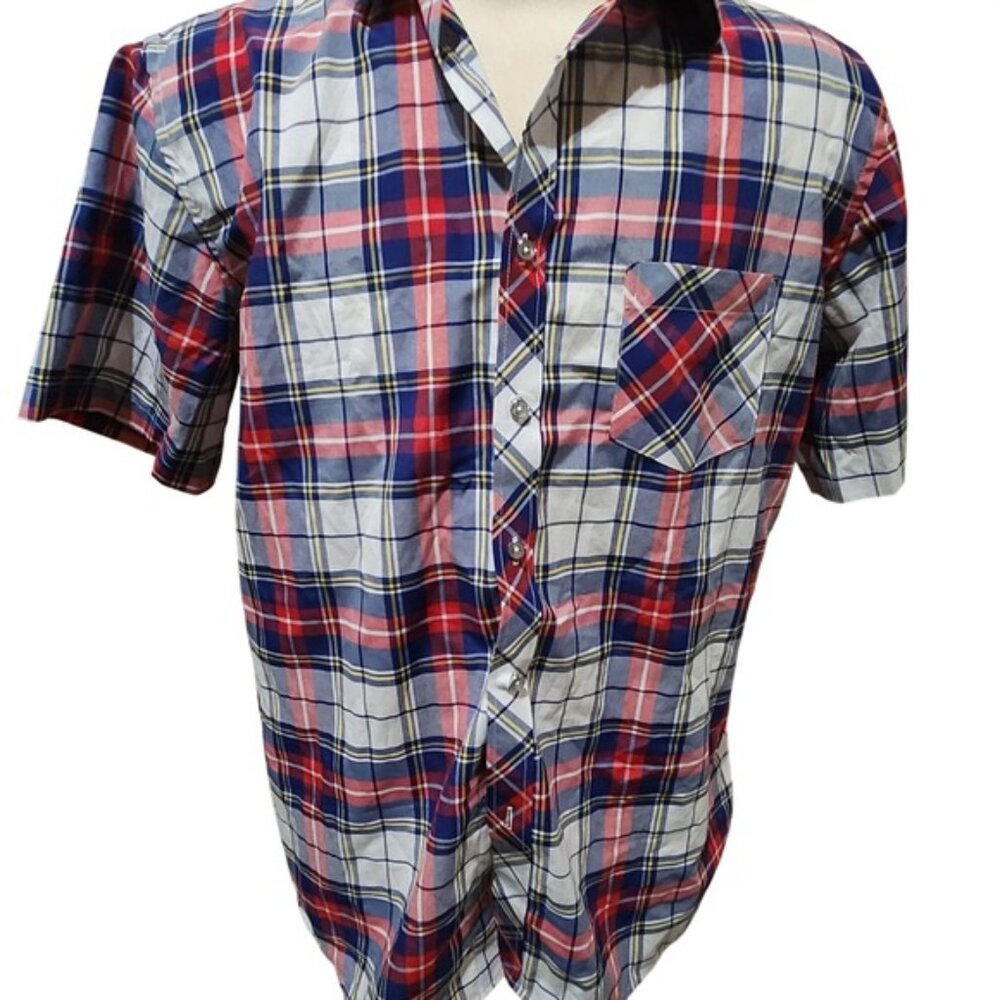 Mens Plaid Short Sleeve Button Down Shirt XL Red Blue‎ White Casual Shirt nwot
